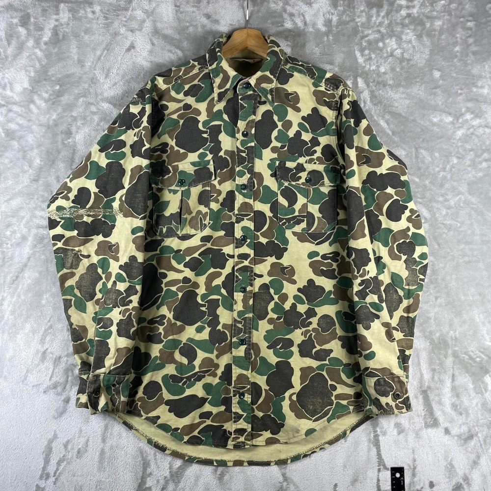 Vintage Cabelas Chamois Shirt Mens Large Tall Camo Duck Hunting USA Heavyweight